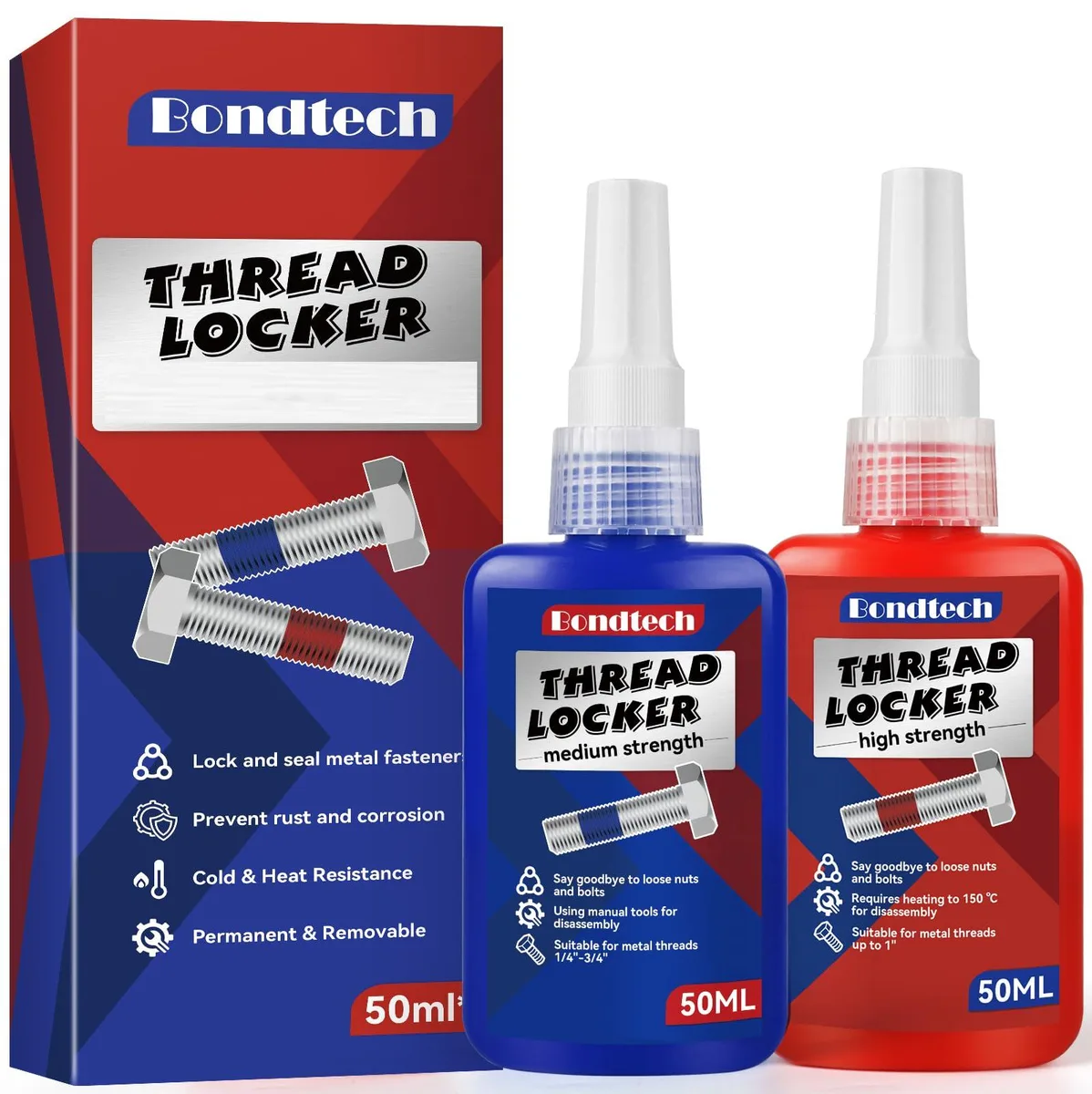 Two 100ml bottles of blue and red liquid threadlocker