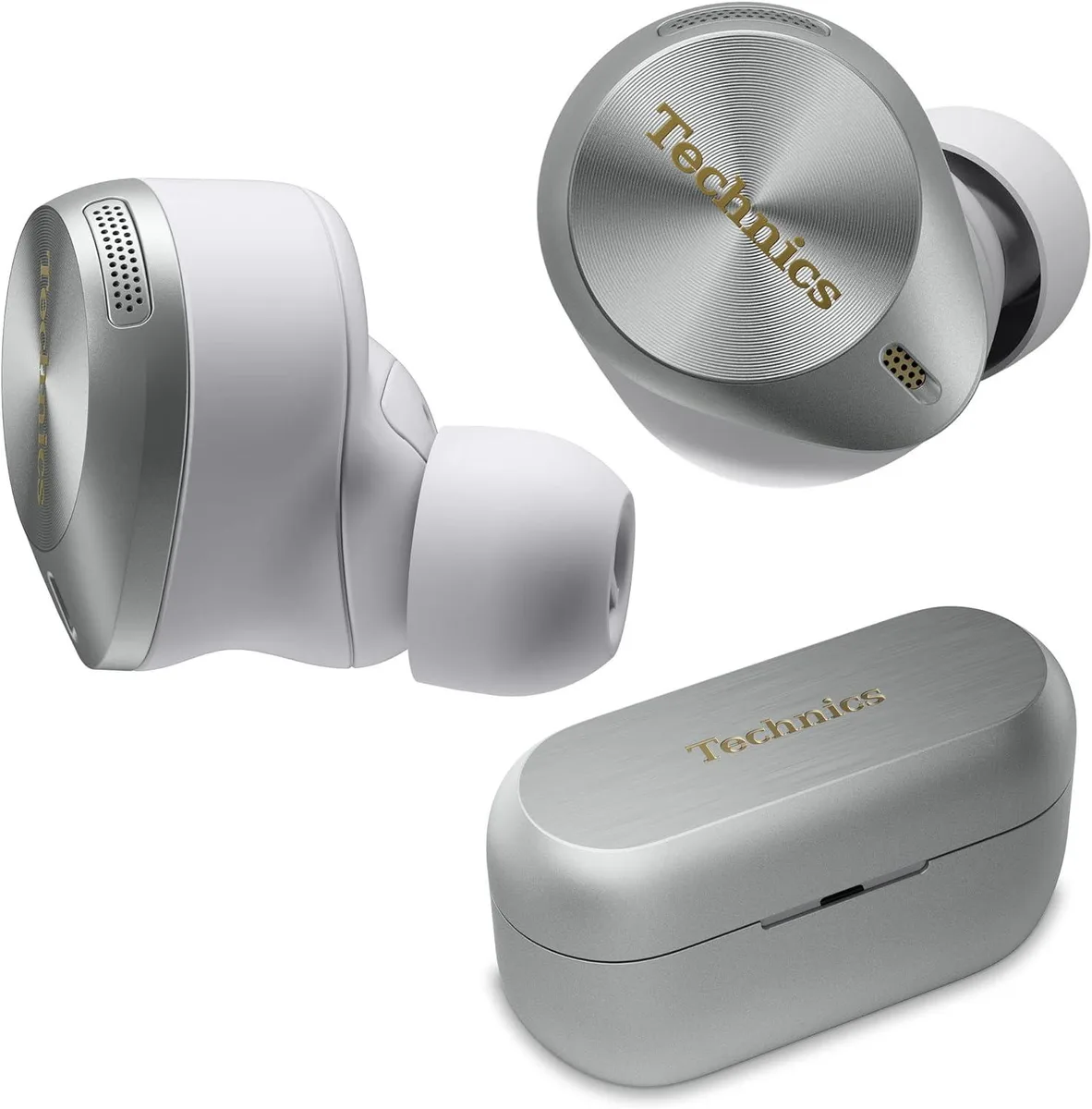 Silver true wireless earbuds in matching charging case