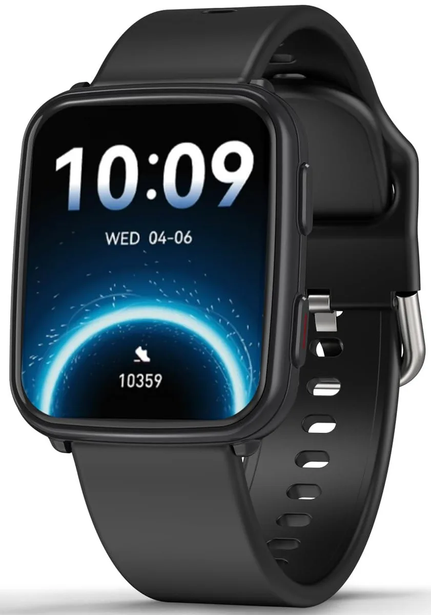 Bronze rectangular smartwatch with black band and 1.5 inch LCD touchscreen