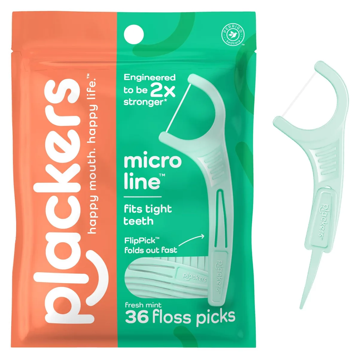 A rectangular pack of 36 mint dental floss picks with fold-out toothpicks and textured handles