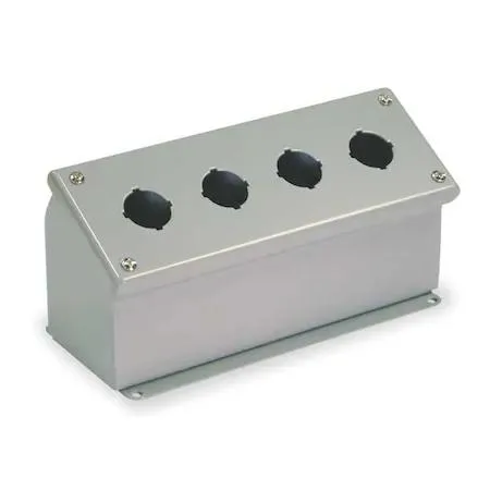 Gray steel sloping-front push-button enclosure with four 30 mm holes, 10 inches wide
