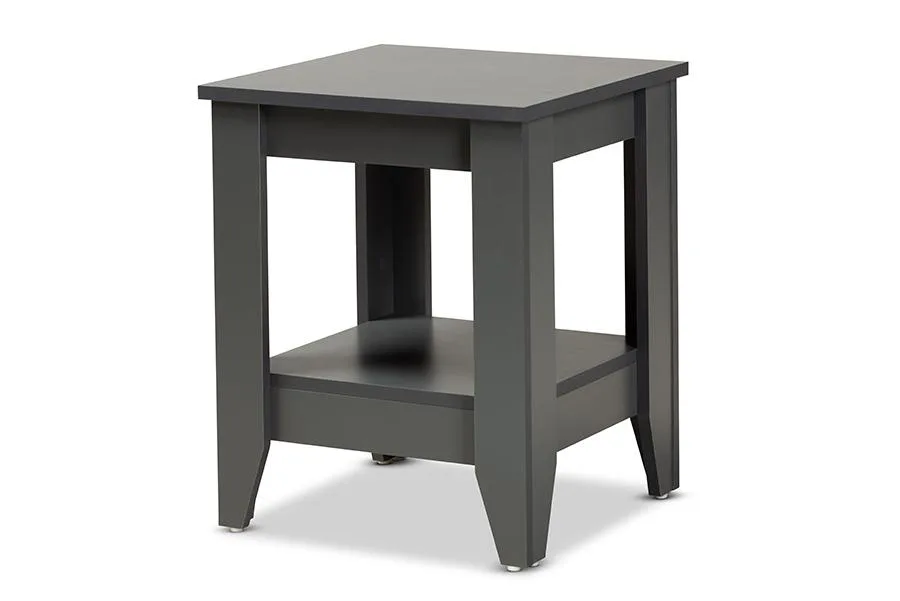 Grey square end table with lower shelf and tapered legs, 15.75 inches wide, wood construction, neutral finish