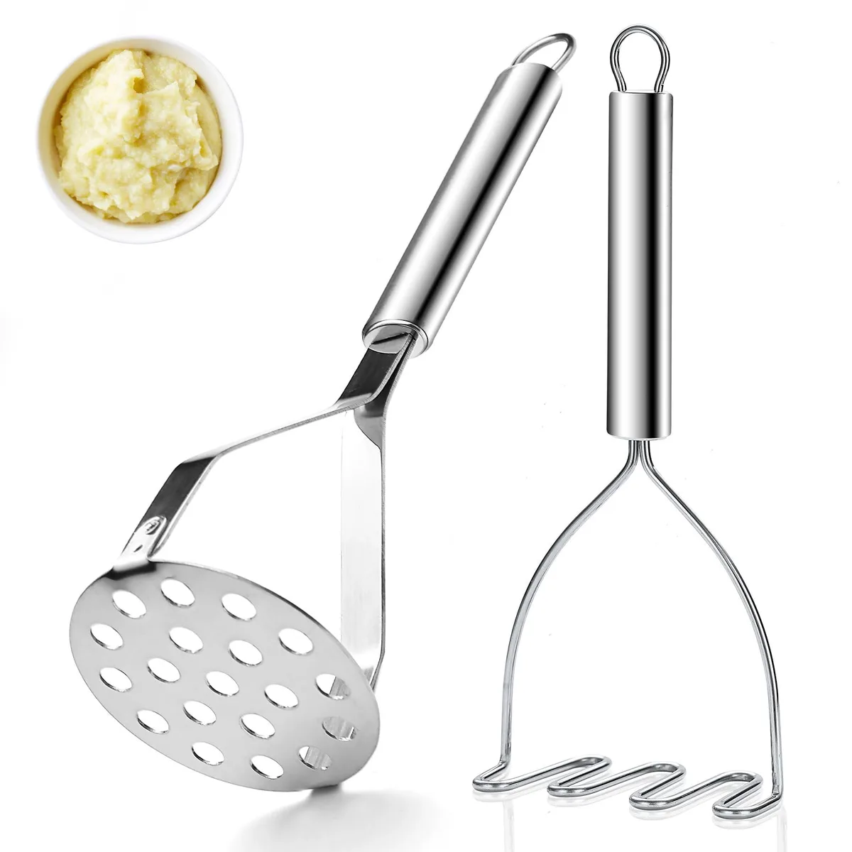 Two stainless steel potato mashers, one linear head and one perforated round head, silver finish, ergonomic handles with hanging hooks