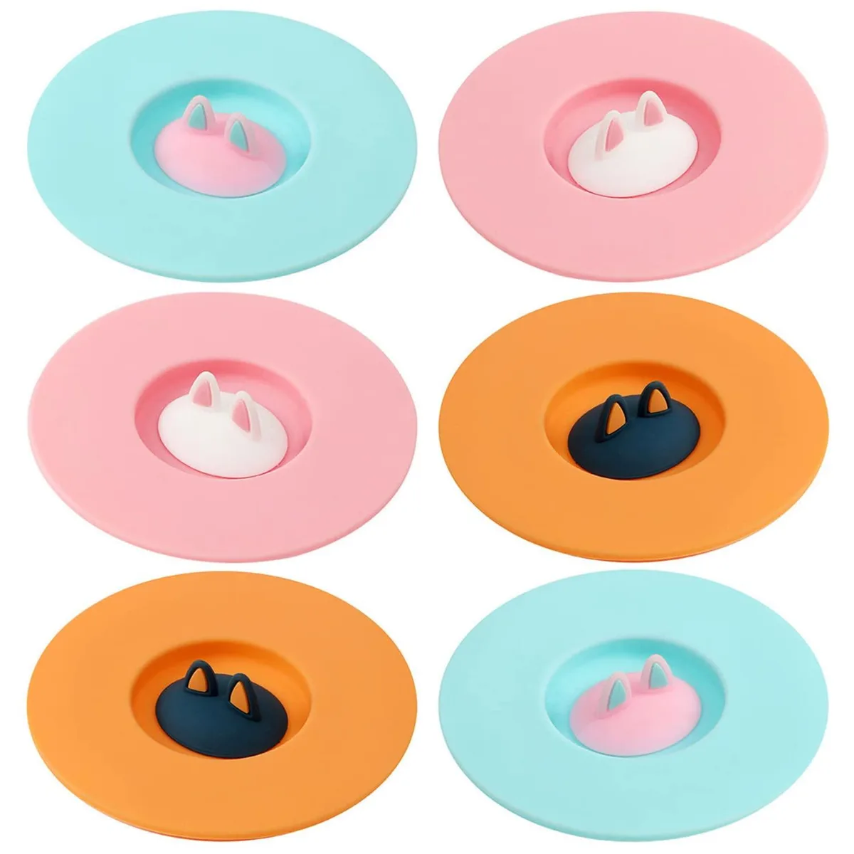 Six colourful silicone cup lids with cat ears, 10 cm diameter