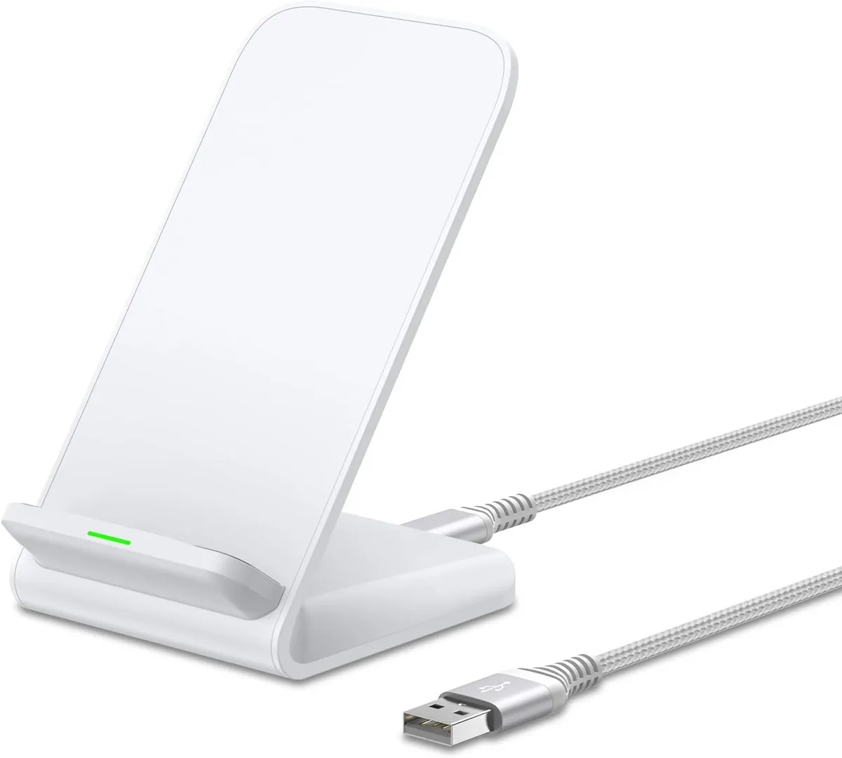 White upright wireless charging stand with two coils and a phone resting against it