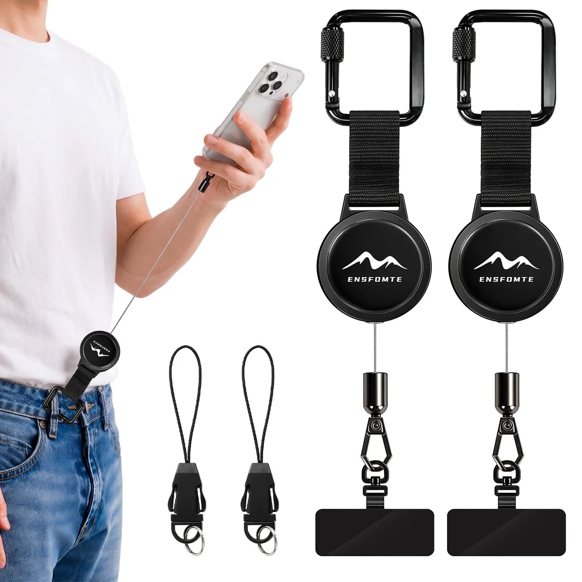 Ensfomte Phone Tether Retractable Steel Line Locking Carabiner Black 2 Pack — product photo