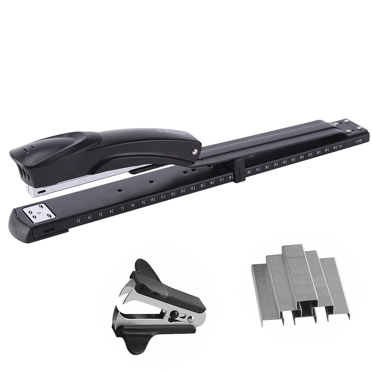 Black long-reach stapler with 12-inch arm, ruler and paper guide