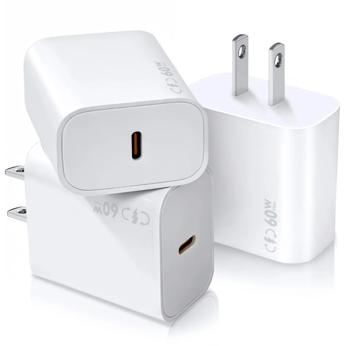 Three white rectangular USB-C wall chargers with foldable prongs side by side