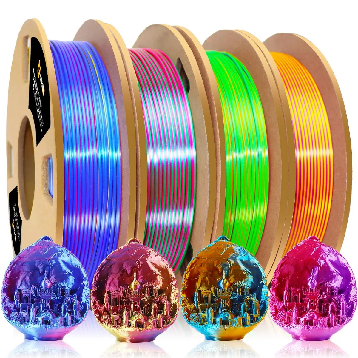 Four 200 g spools of silk PLA filament in tricolour combinations on plastic reels