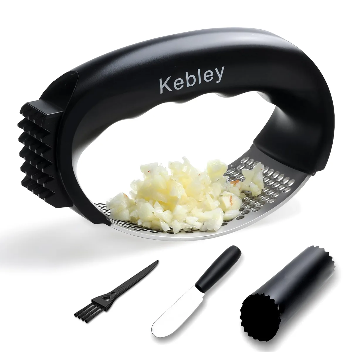 Stainless steel garlic press rocker with black handle, peeler and cleaning brush