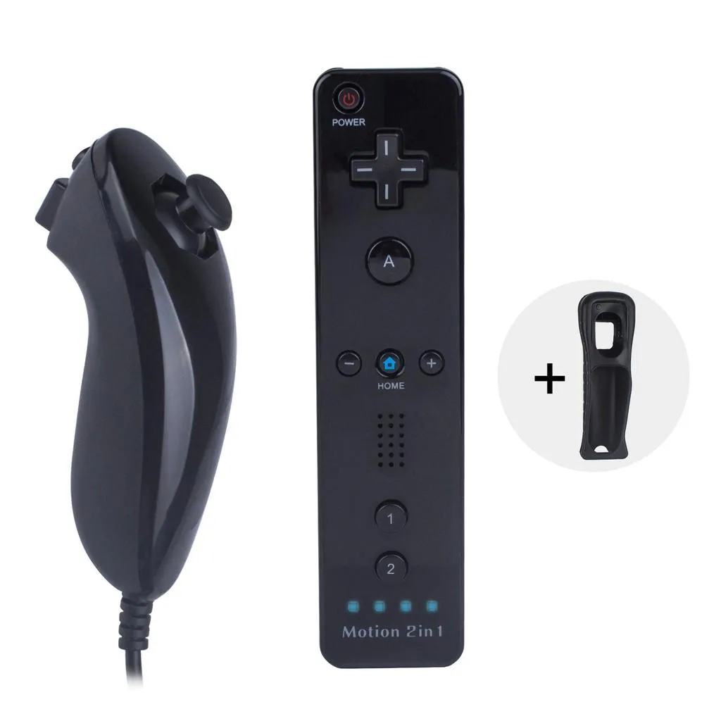 White Wii-style remote and nunchuk with translucent silicone sleeve and black wrist strap
