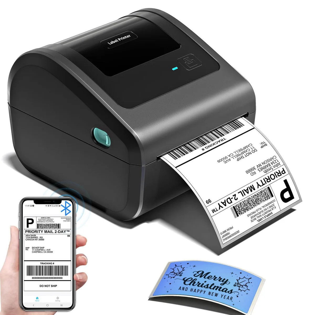 Compact white thermal label printer with built-in roll holder, Bluetooth and USB interfaces, 4.6 inch max width