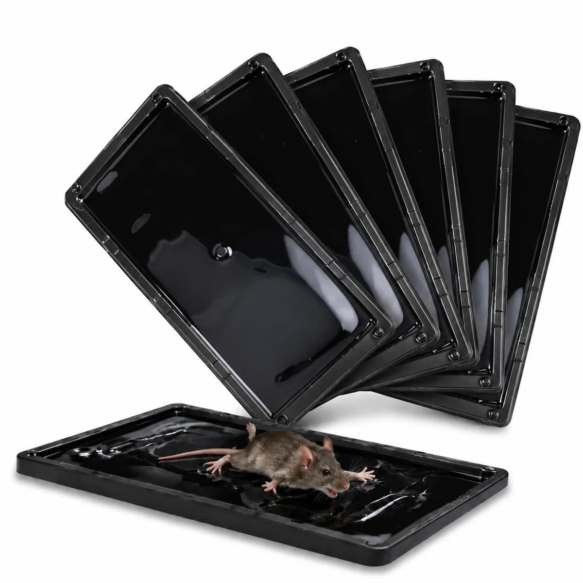 Six rectangular black plastic trays with adhesive surface, 10.2 by 5.1 inches