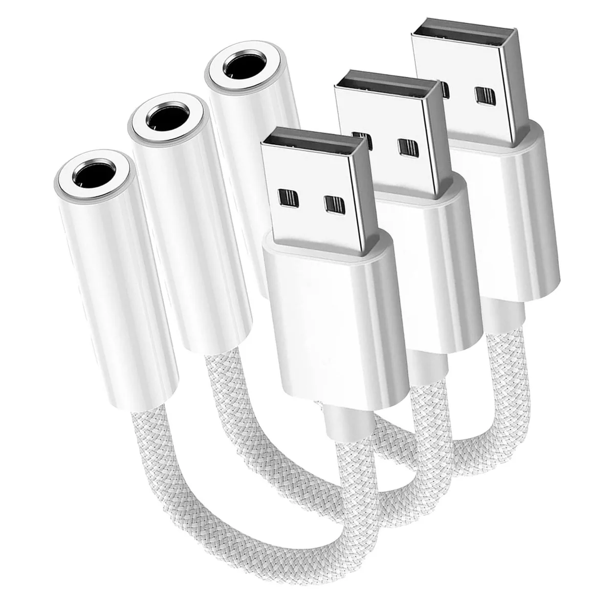White USB-to-3.5mm audio dongle with TRRS jack
