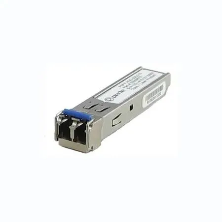 Small rectangular SFP transceiver module with LC port visible