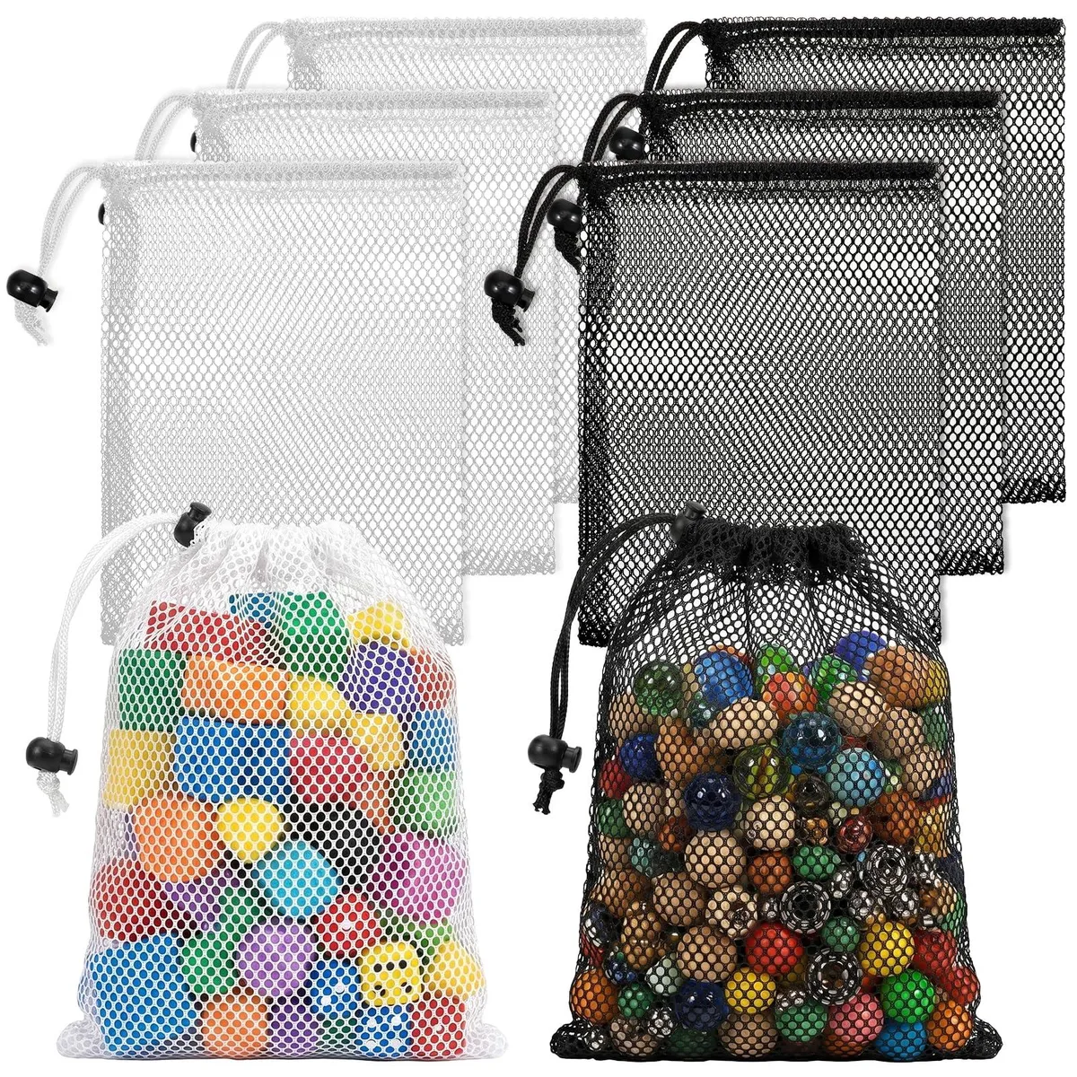 Six small black and white mesh drawstring pouches 15x20 cm 53 g