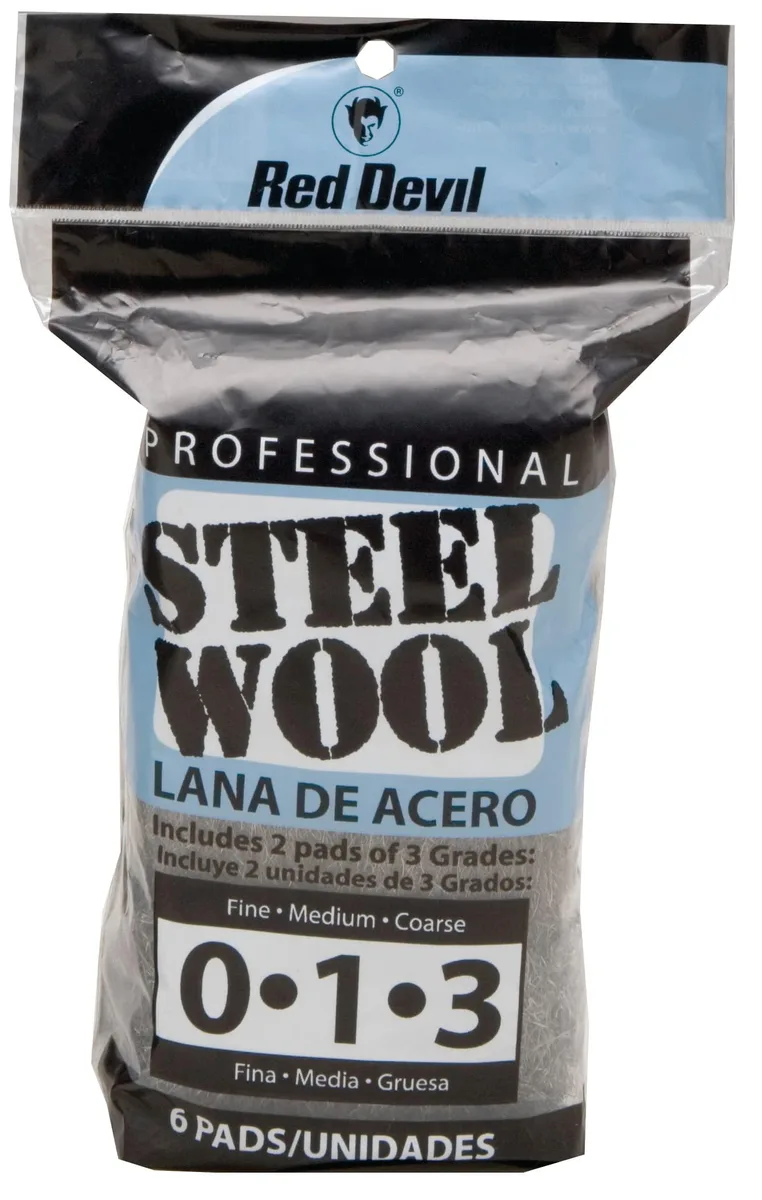 Six pads of steel wool in fine, medium and coarse grades