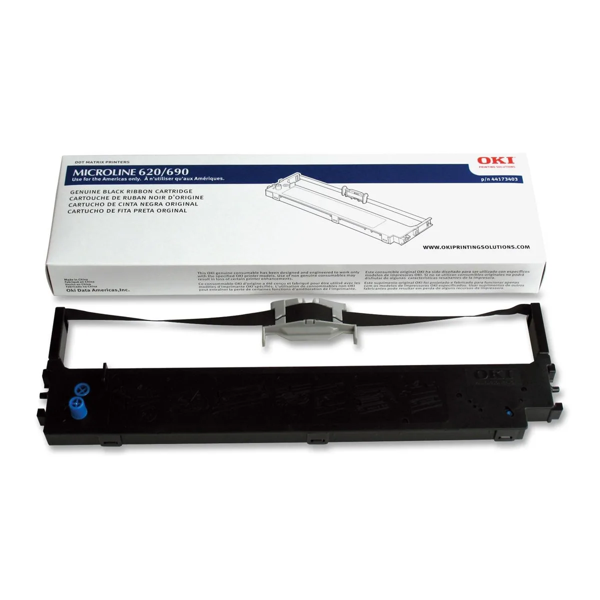 Black nylon ribbon cartridge in a rectangular plastic housing