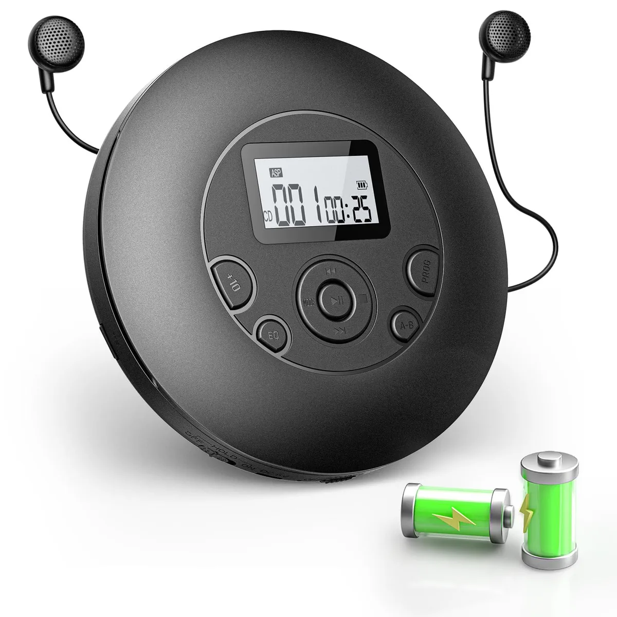 Black portable CD player with backlit screen and headphones