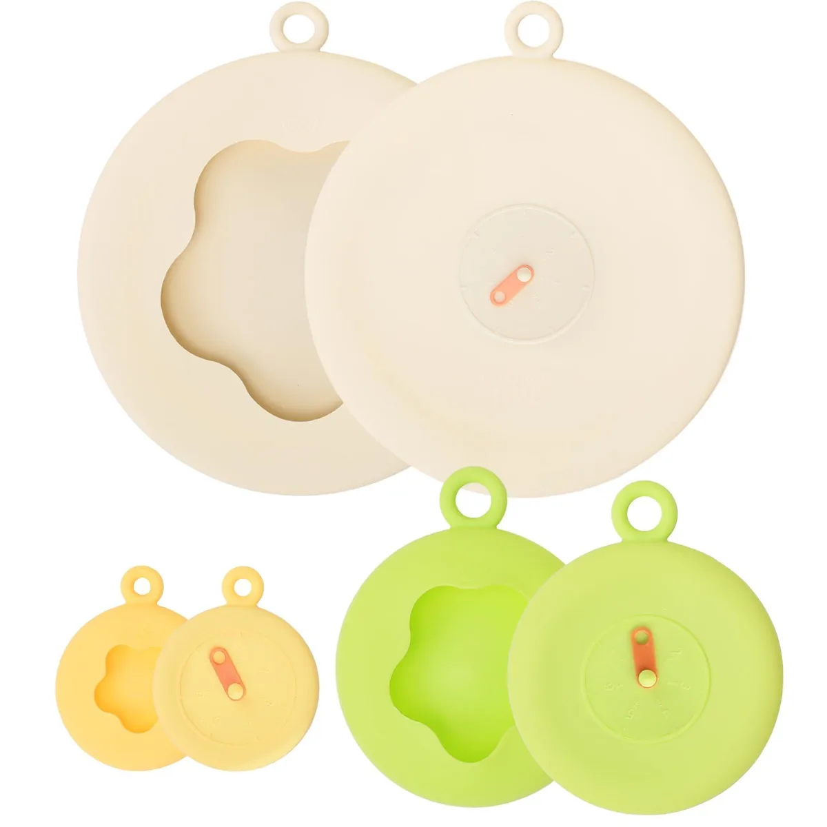 Six stretchy silicone lids in yellow, green and white with pull tabs and day indicators
