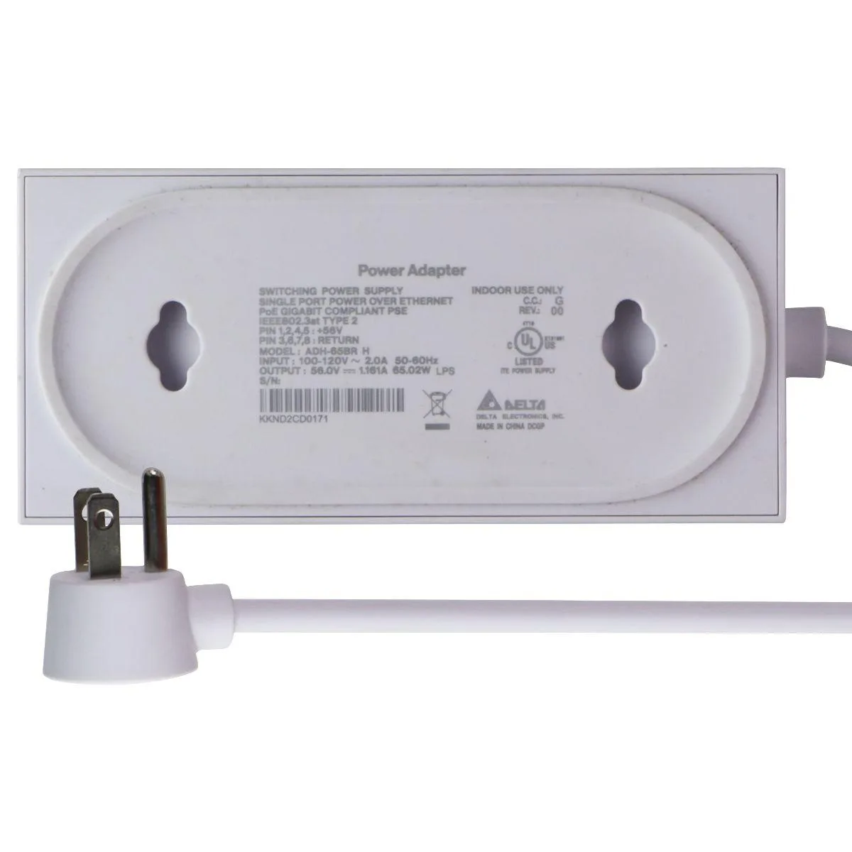 White rectangular PoE power supply with grounded US plug and two Ethernet ports