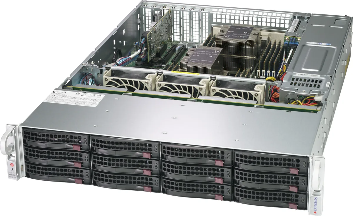 Supermicro Supermicro CSE-826BE1C4-R1K23LP 2U server chassis 12×3.5″ hot-swap 4×2.5″ NVMe redundant 1200W Titanium — product photo