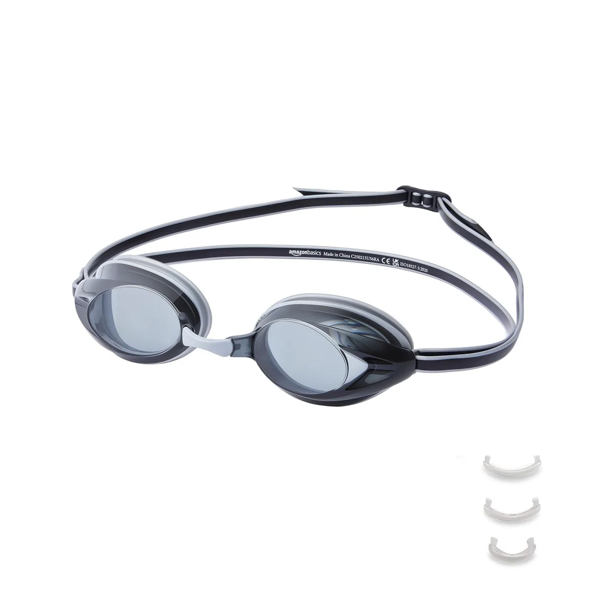 Silver adult swim goggles with four interchangeable nosepieces and wide mirrored lenses