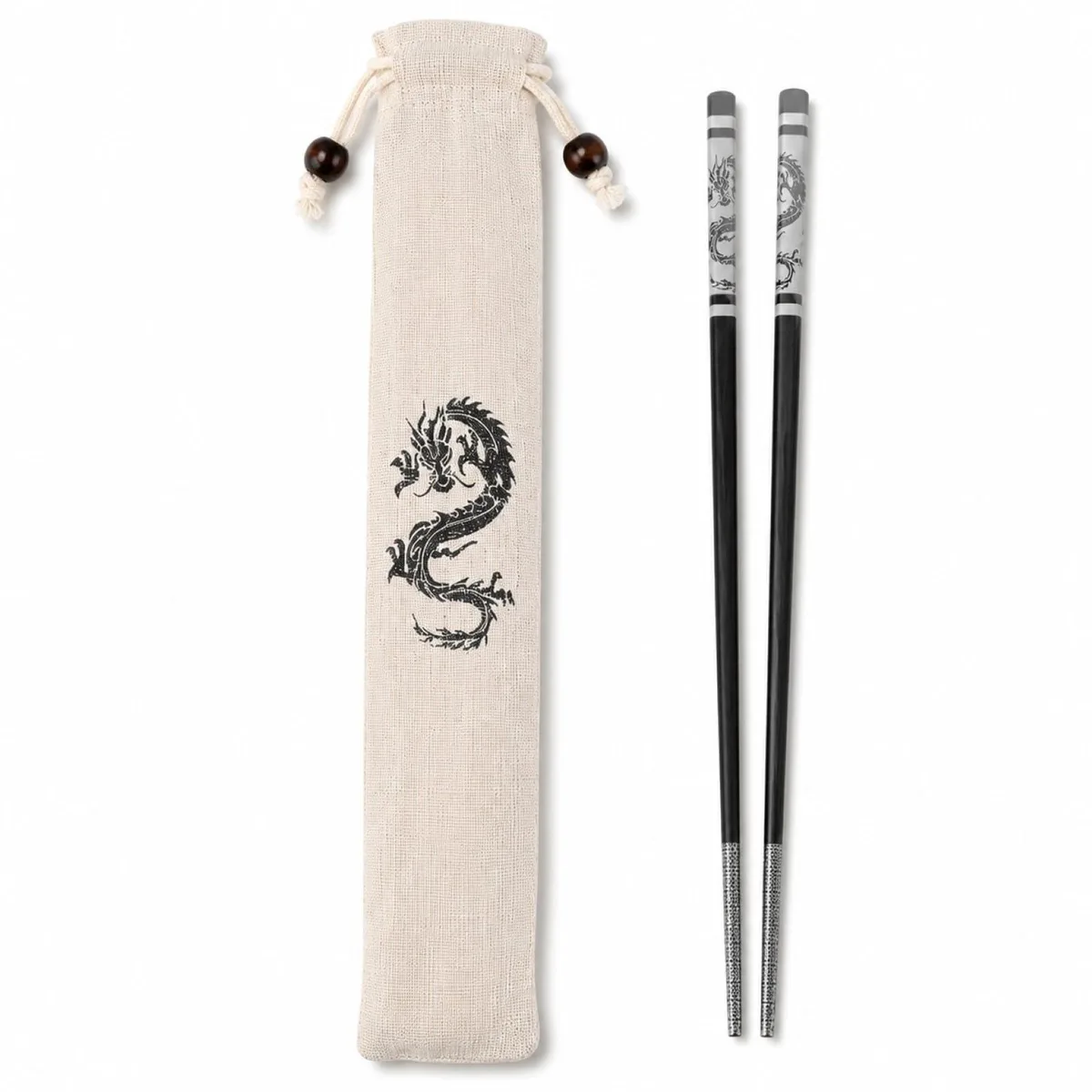 Black stainless steel chopsticks with dragon pattern, anti-slip grip, 24 cm length, includes pouch