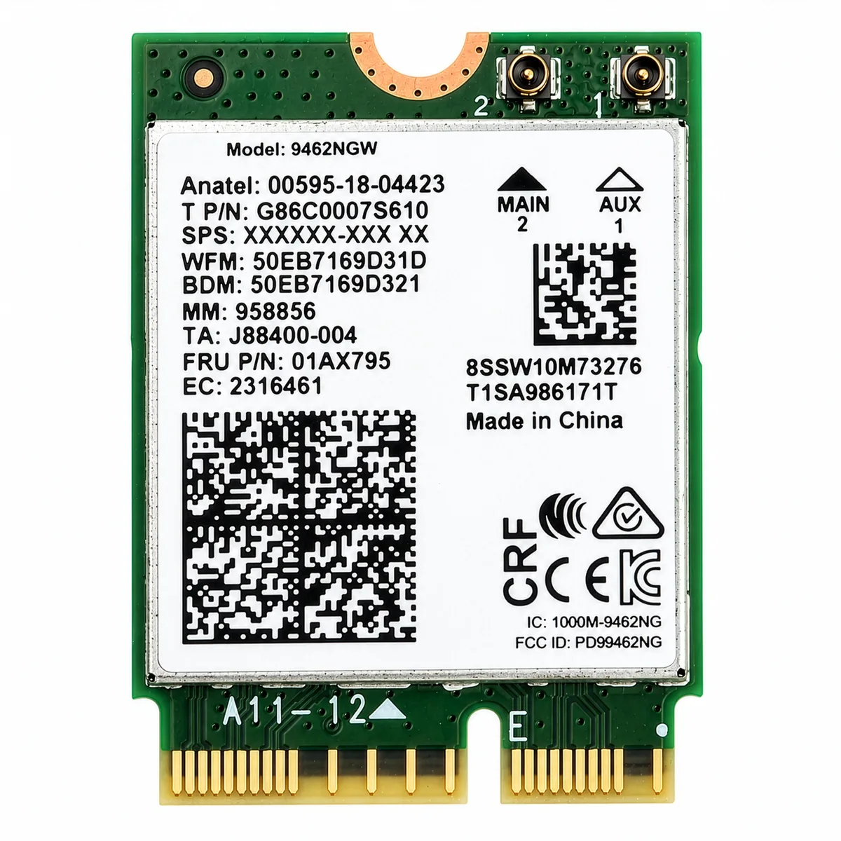 Small green printed circuit board with white MHF4 connectors and M.2 edge connector