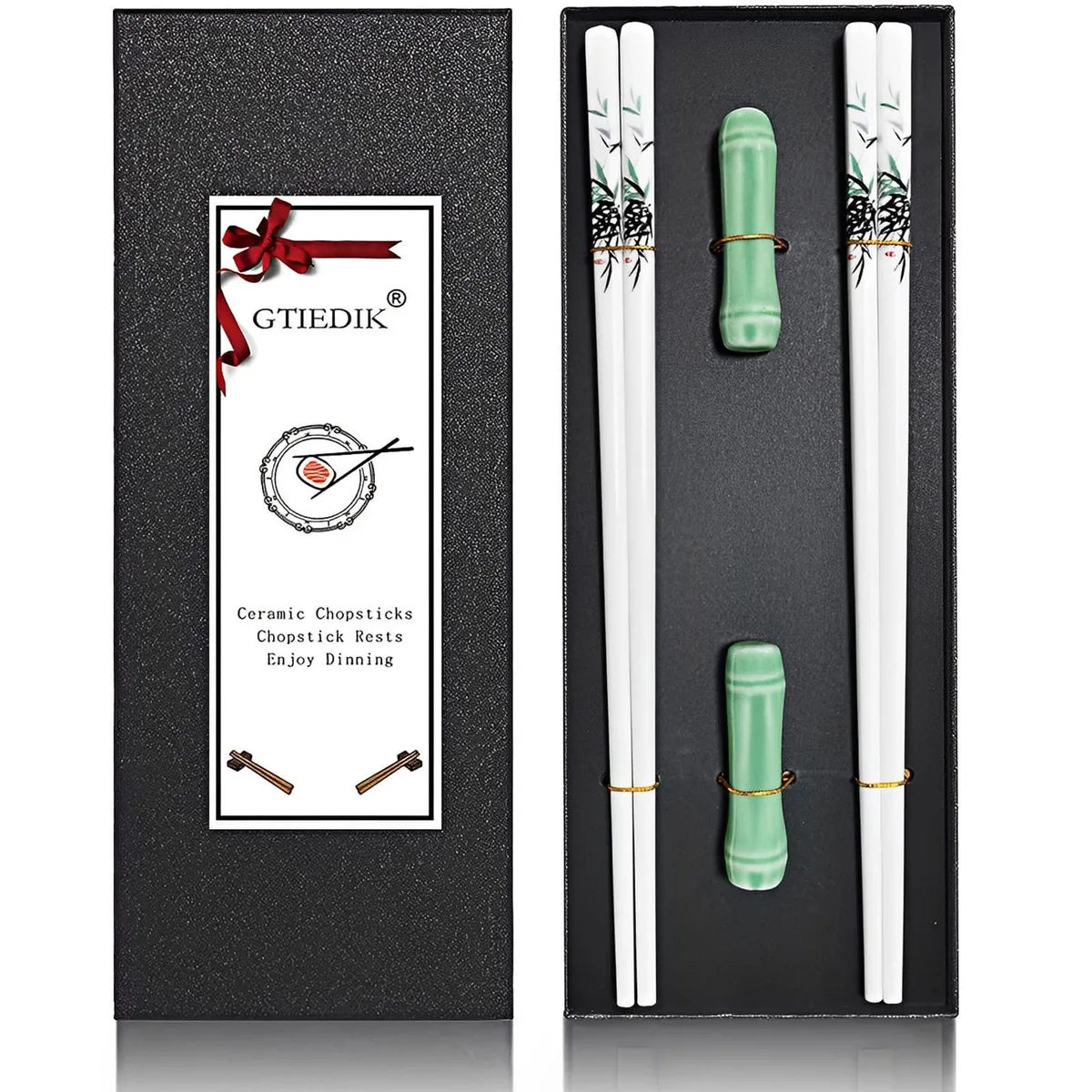 Twenty-four black porcelain chopsticks with a ceramic holder in a rectangular gift box