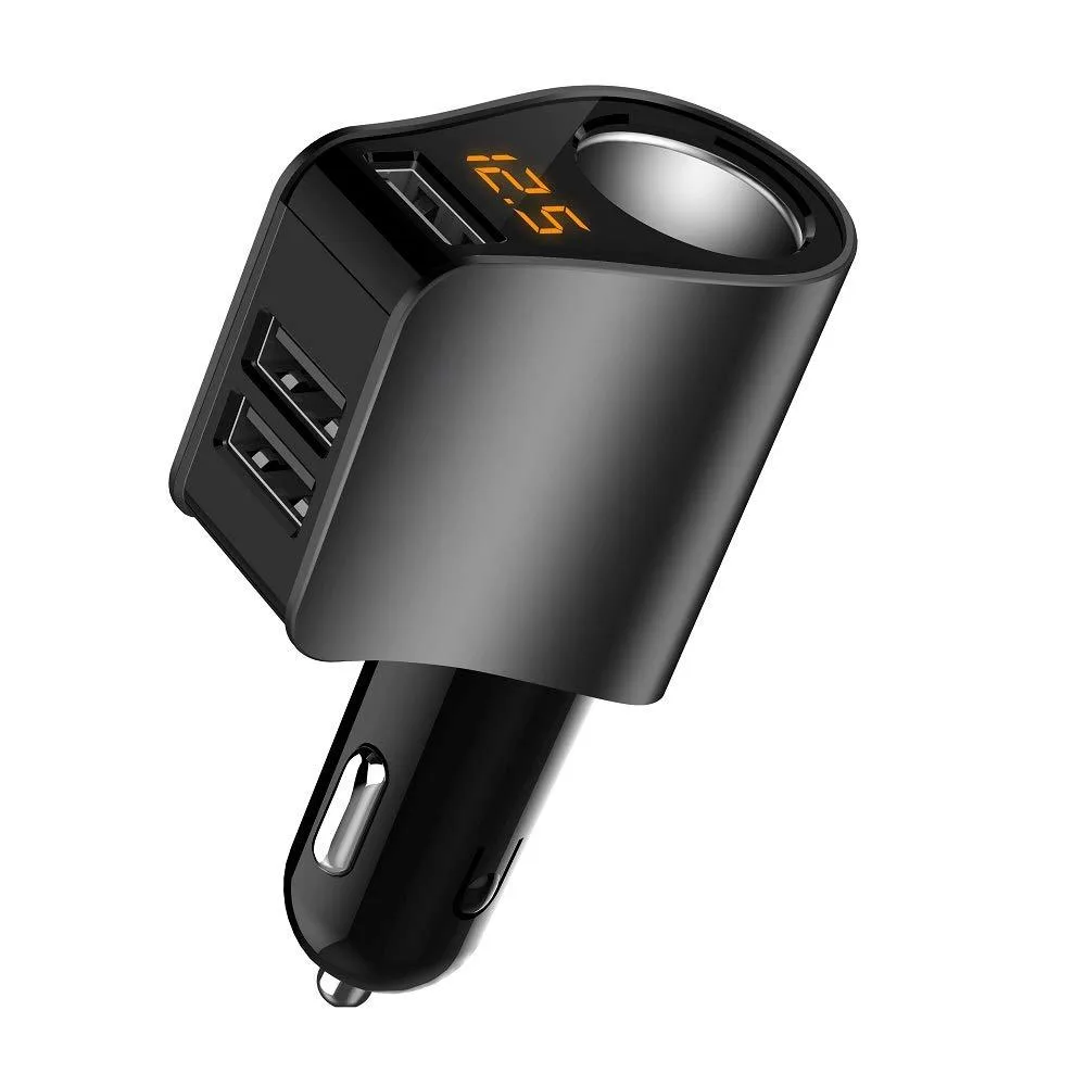 Black car charger with three USB ports, cigarette lighter socket and LED voltage display