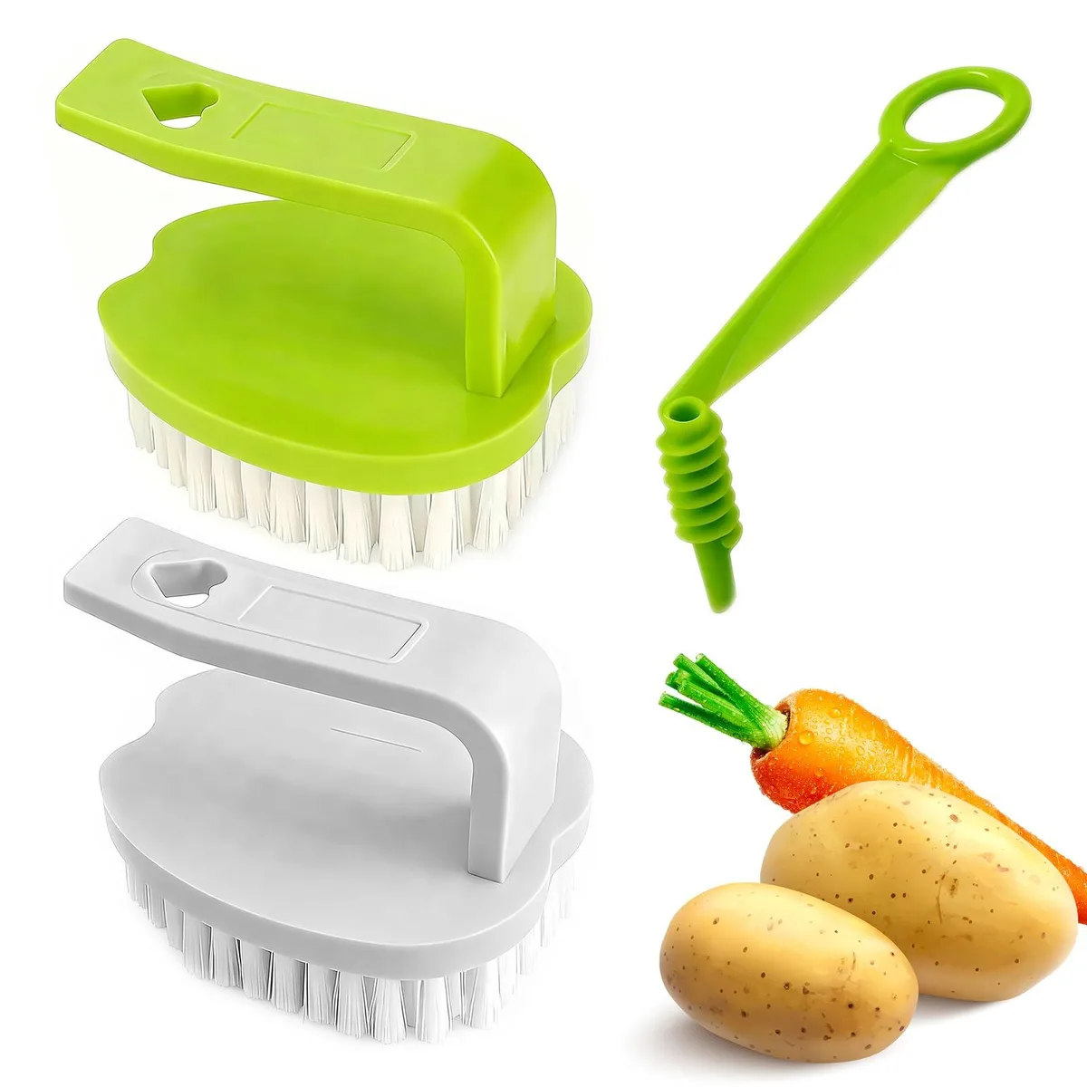 Three-piece kitchen set with two scrub brushes and a spiral slicer