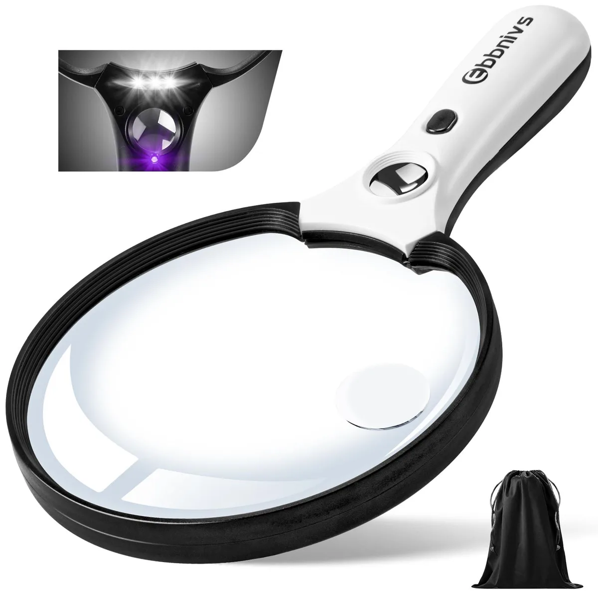 Twelve black acrylic 5.5 inch magnifiers with LED and UV lights