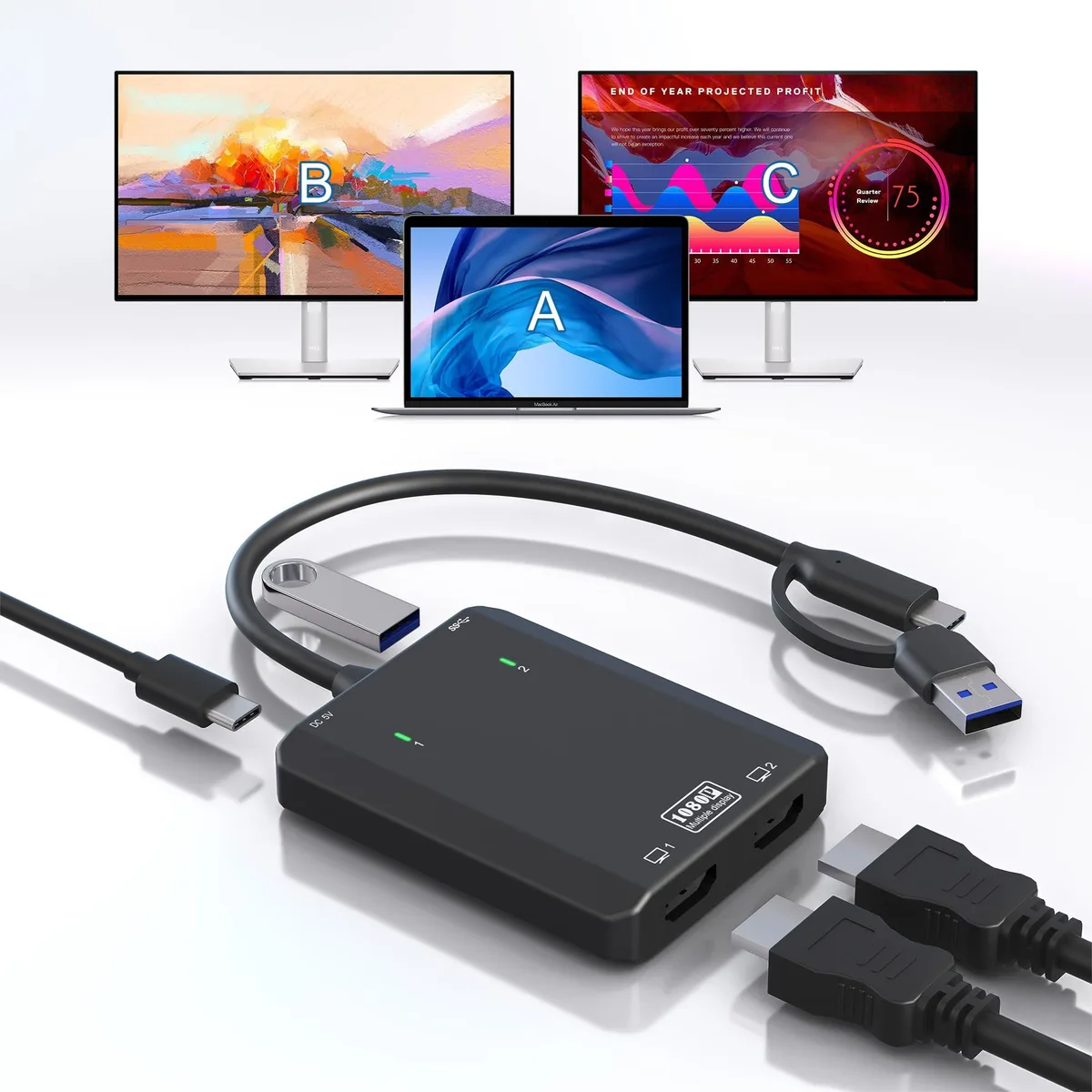 BUCIER BUCIER USB 3.0 to Dual HDMI Adapter USB C USB 3.0 2x HDMI 1080p@60Hz — product photo
