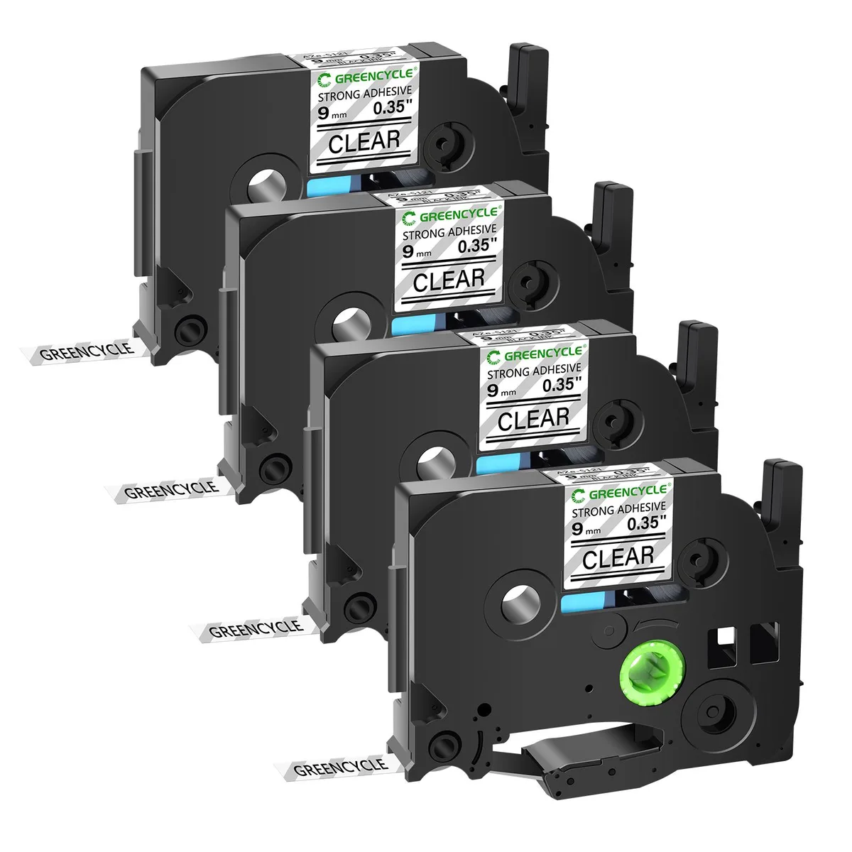 GREENCYCLE GREENCYCLE TZe-S121 9mm 26.2ft Black on Clear labelmaker tape 4 pack — product photo