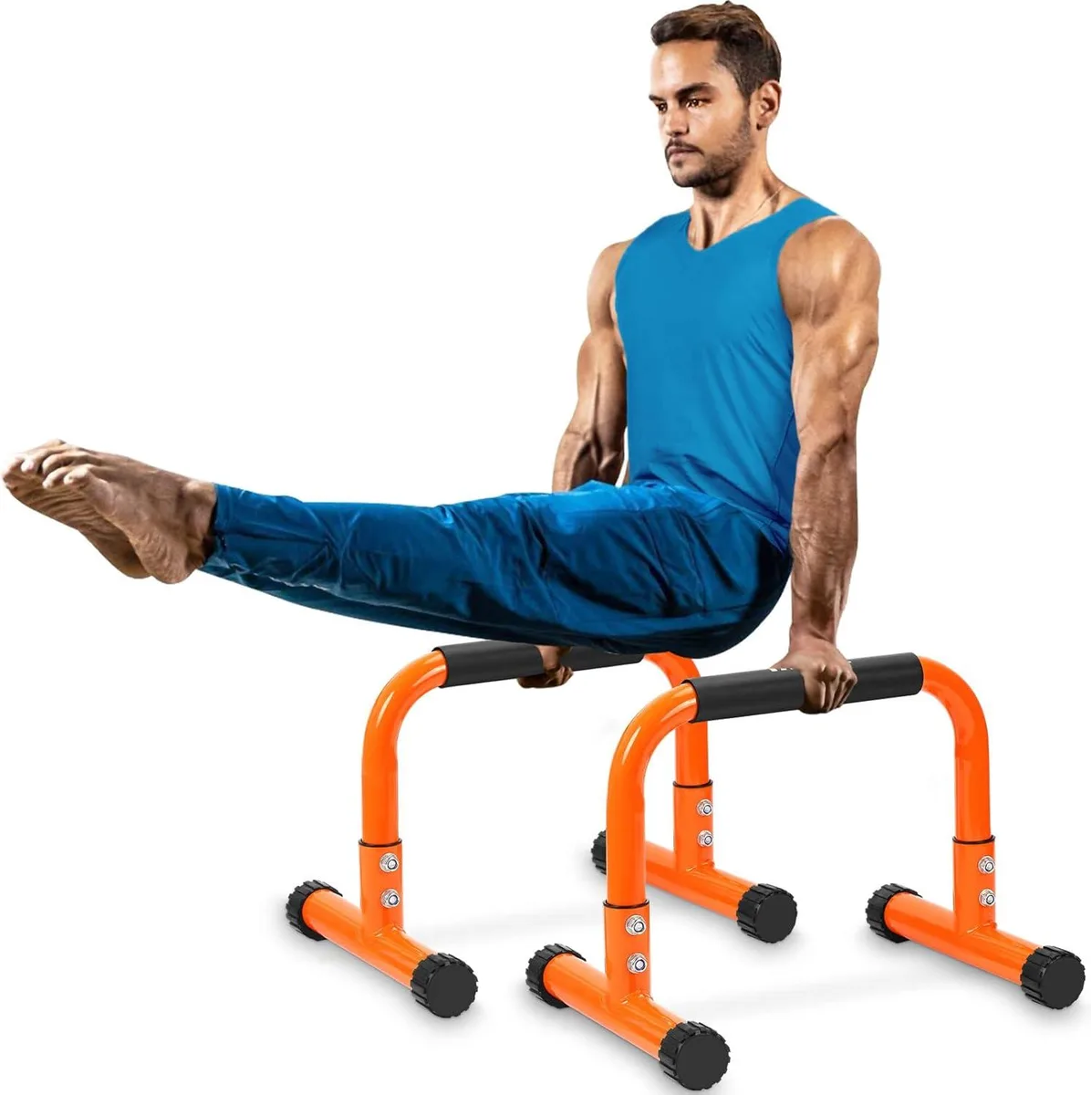 Pair of 12 inch steel parallettes with full foam grips and rubber feet