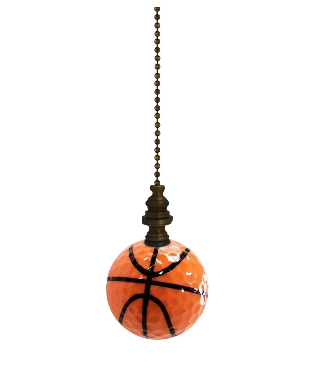Orange basketball-shaped pull on antiqued brass beaded chain, 2.25 inch sphere with 12 inch length