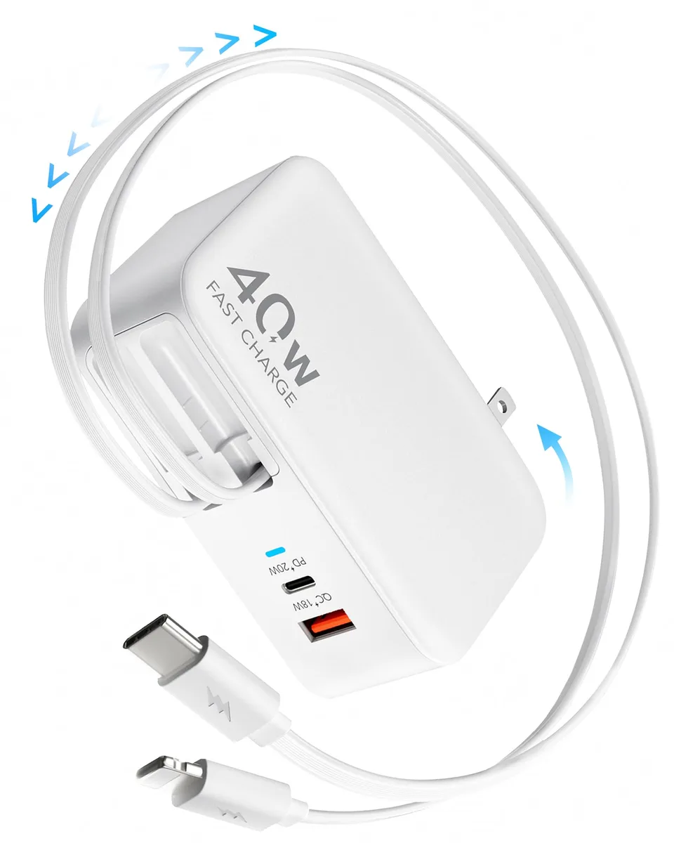 Audiovox - Generic Audiovox - Generic 40W Retractable USB C Charger Wall Plug 90cm White — product photo