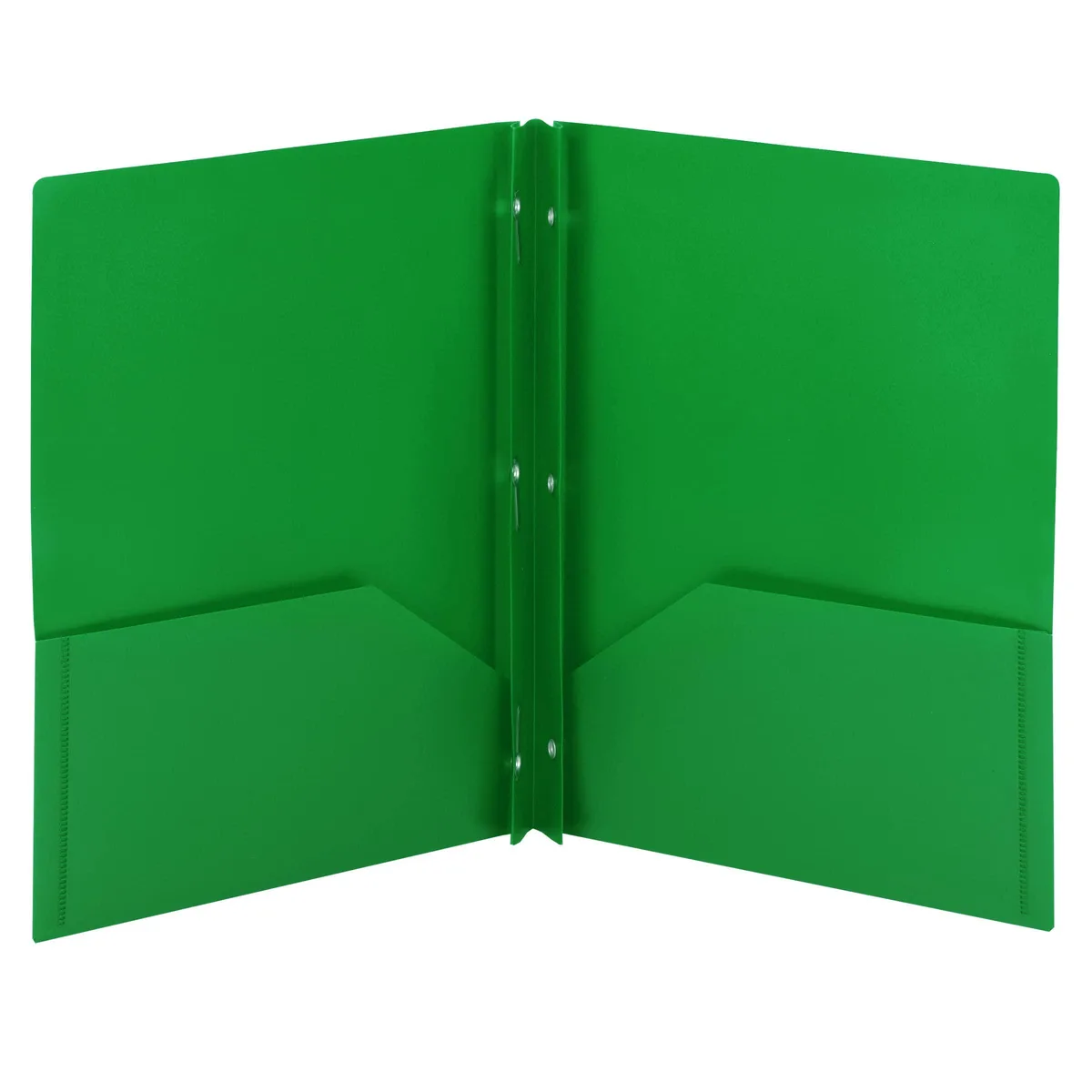 Three green polypropylene folders with metal prongs and two pockets each
