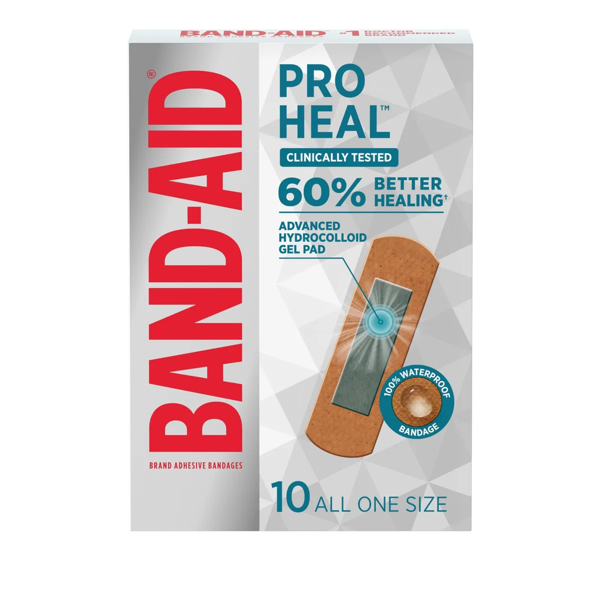 Cardboard box containing ten individually wrapped sterile hydrocolloid adhesive bandages