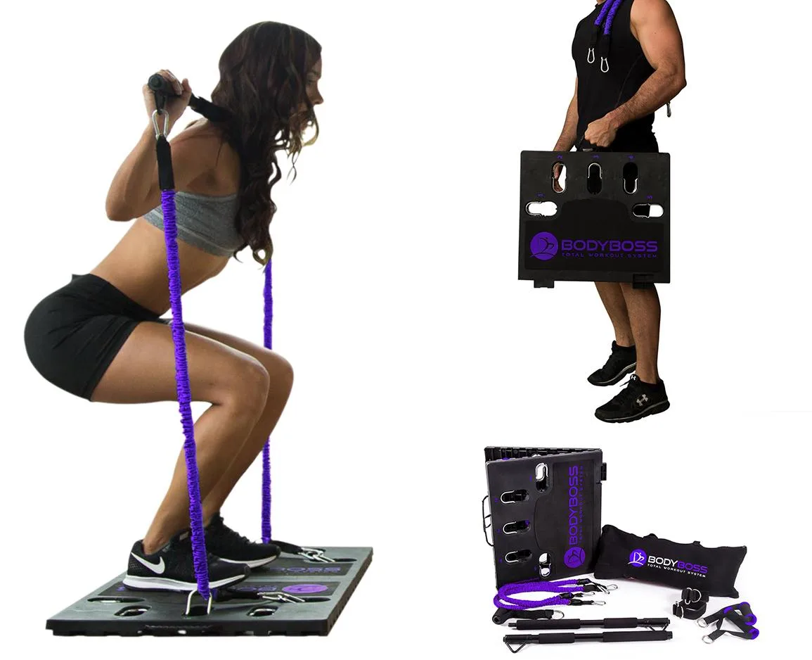 Purple portable gym kit with foldable base, collapsible bar, resistance bands, handles and straps in carry bag