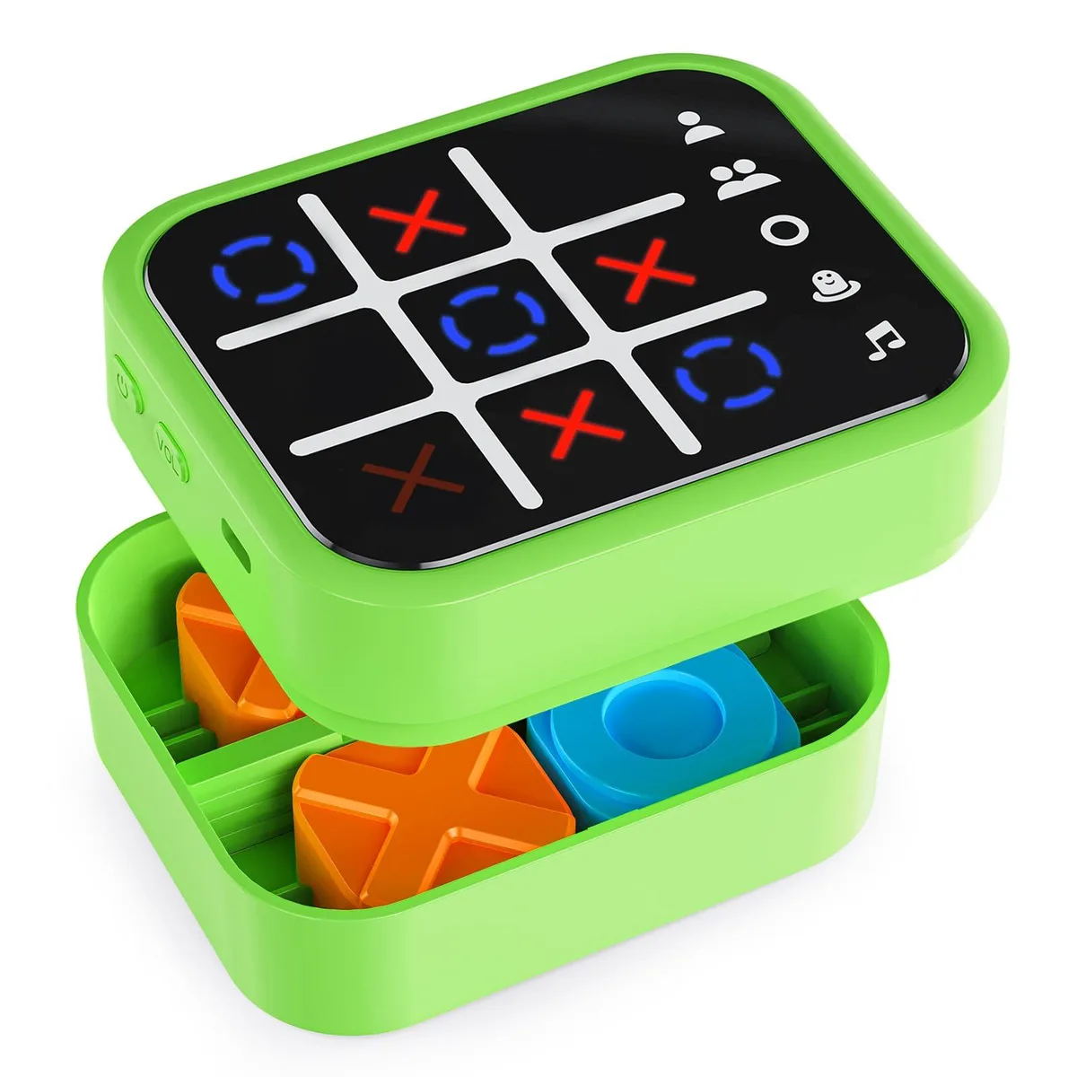 Green rectangular handheld game console with touchscreen display