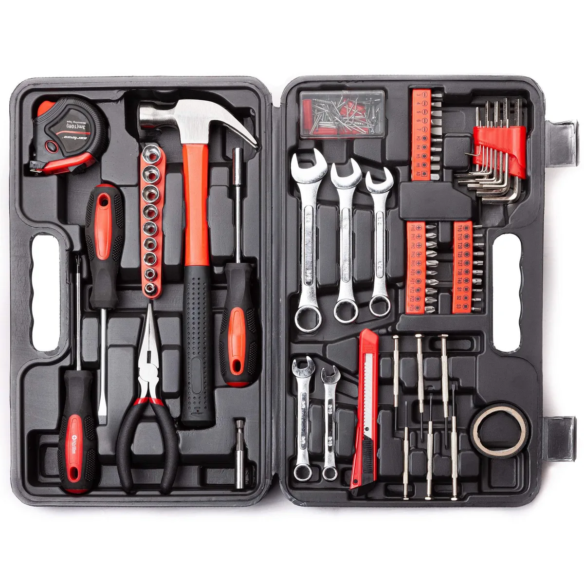 Red blow-molded case holding 148 alloy-steel tools in molded slots