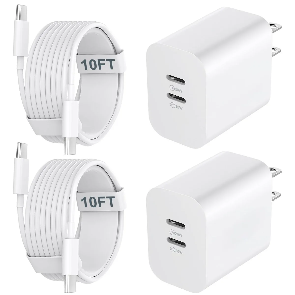 Two white 20W dual USB-C chargers with two 10ft USB-C cables