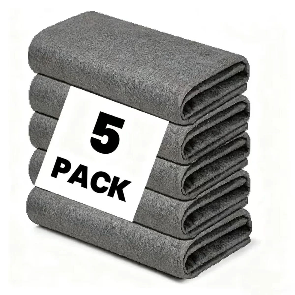 Five square gray microfiber cloths stacked, each 11.8 inches