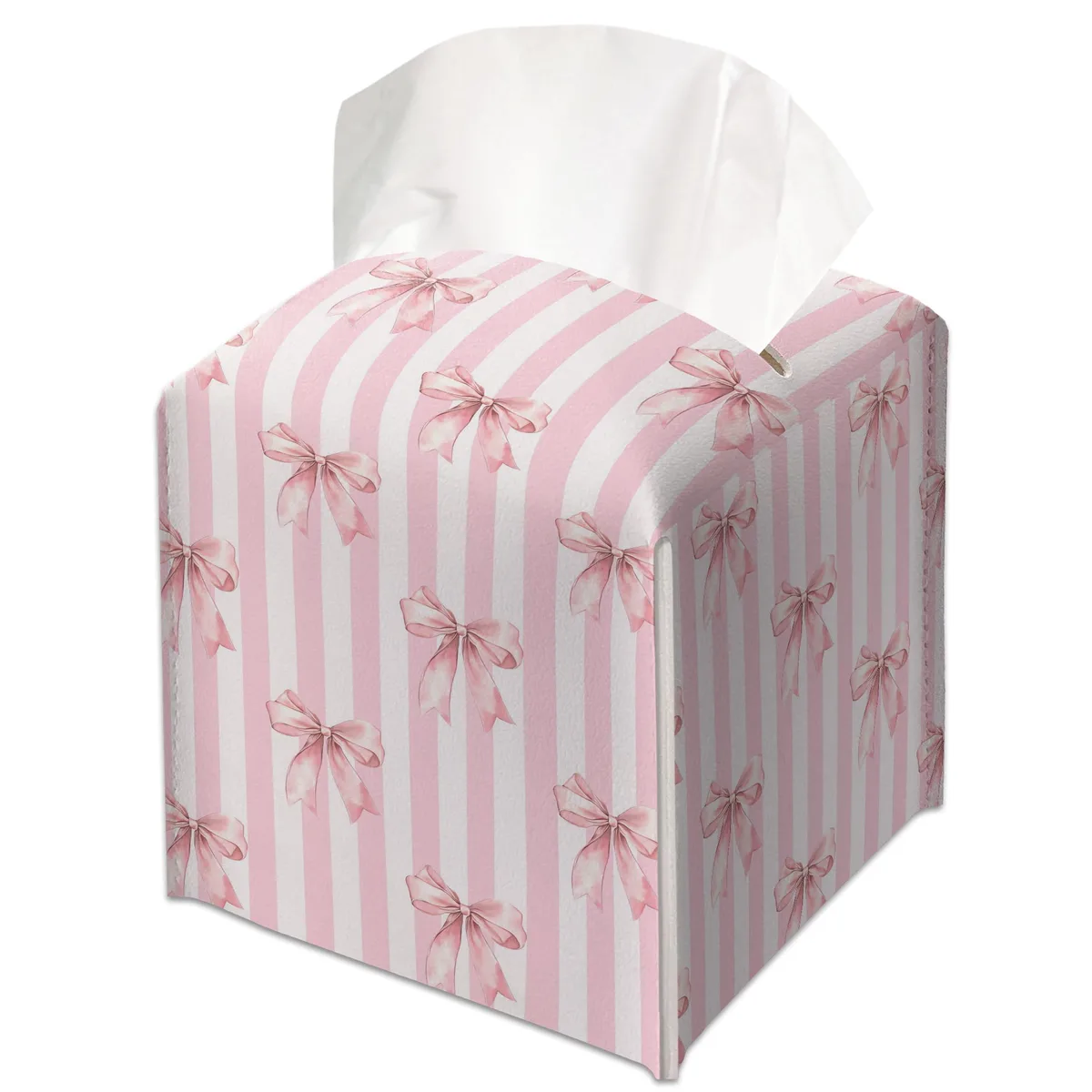 Pink leather tissue box cover with bow, 5.2 inch cube
