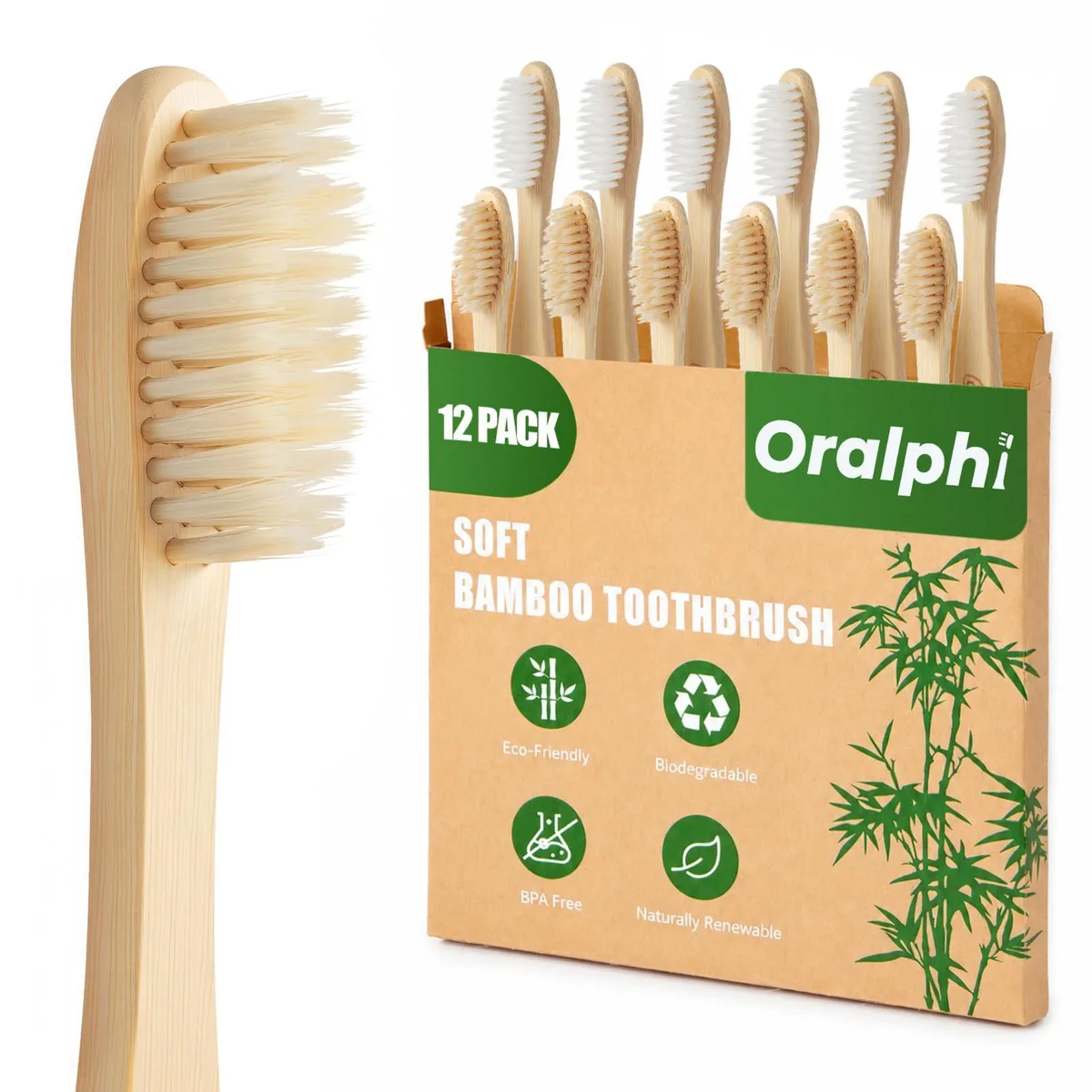 Twelve red bamboo manual toothbrushes with soft nylon bristles in recyclable kraft packaging