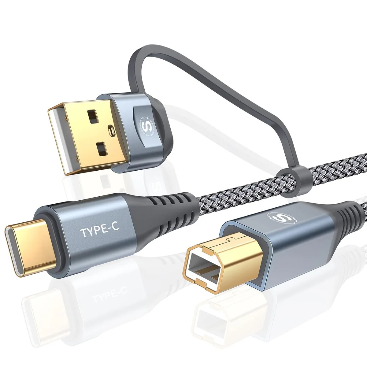 Kootion Kootion 2-in-1 USB-A/C to USB-B Cable 6.6FT Braided Grey — product photo