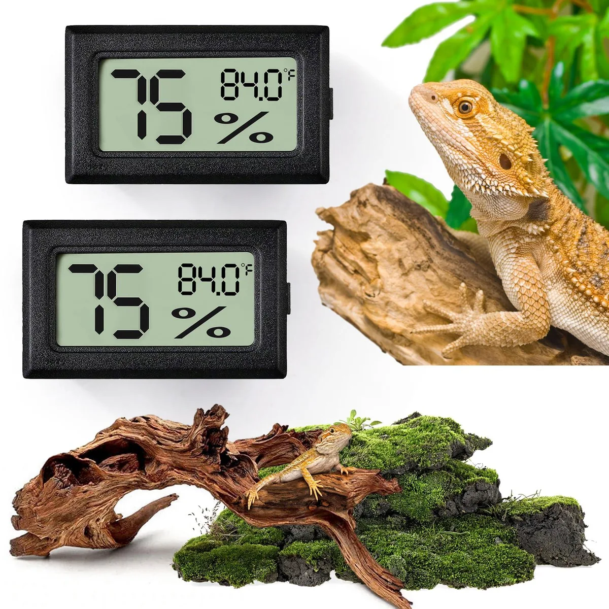 Two black digital thermometer hygrometers with LED screens and adhesive backing