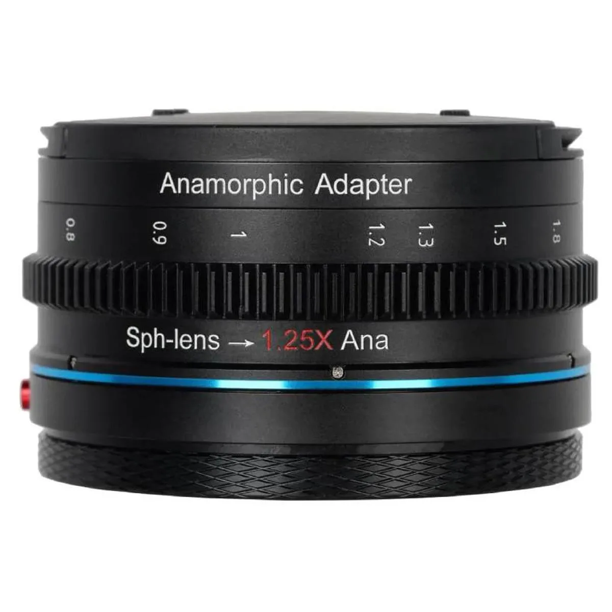 Sirui 1.25x anamorphic lens adapter, silver metal cylinder with glass elements